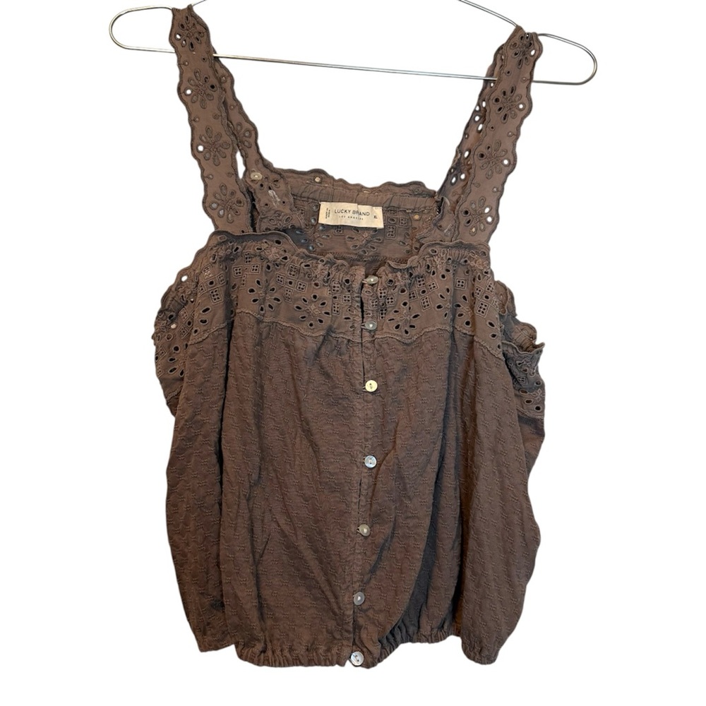 Lucky Brand Brown Eyelet Trim Button Detail Crop Top size XL